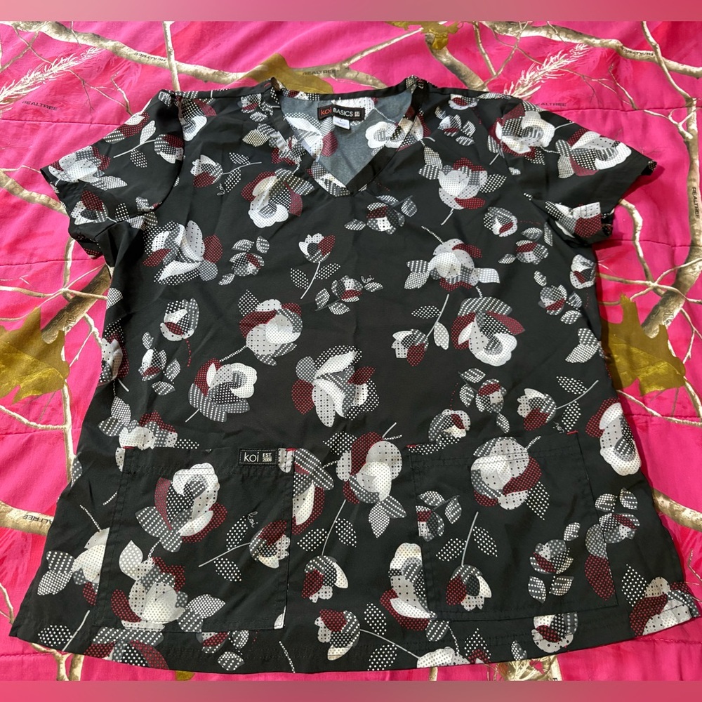 koi Black Floral V-Neck Scrub Top with White and Burgundy Accents